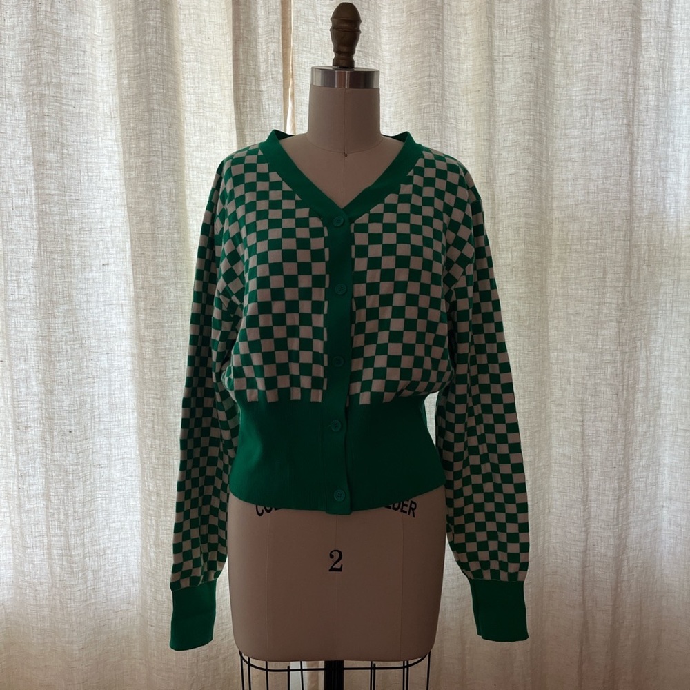 Oak + Fort Small Green Checkered Cardigan